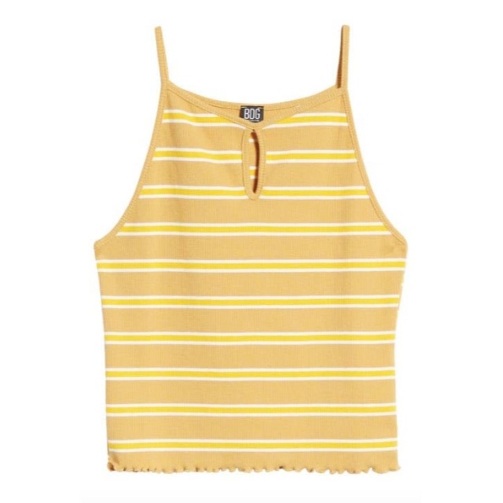 BDG Urban Outfitters Womens Yellow Stripe Tank Top Lettuce Trim Keyhole Sz Small